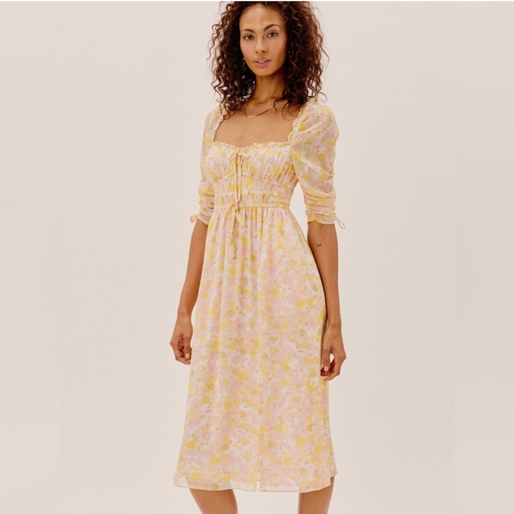 For Love and Lemons Eden Pink Floral Puff Sleeve Midi Dress